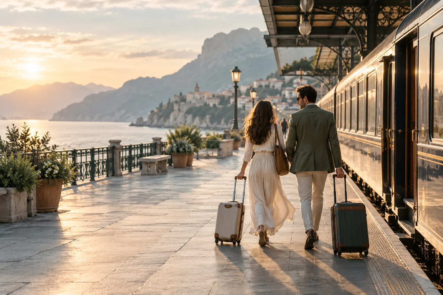 Pareja caminando junto a un tren con vista al mar